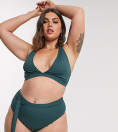 Трусы бикини цвета хаки в рубчик с завышенной талией и завязкой Peek & Beau Curve-Зеленый