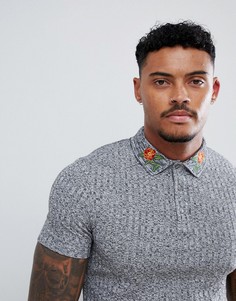 Обтягивающее поло с вышивкой роз на воротнике ASOS DESIGN-Серый