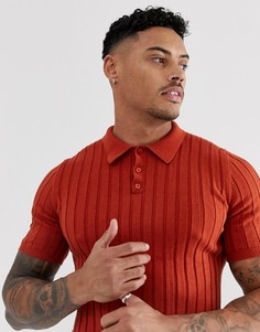 Трикотажная футболка-поло выгоревшего оранжевого цвета в рубчик ASOS DESIGN-Оранжевый