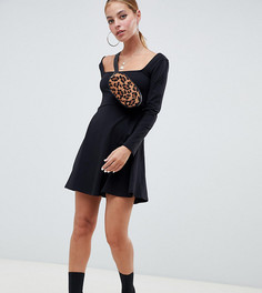 Короткое приталенное платье с длинными рукавами и глубоким вырезом ASOS DESIGN Petite-Черный