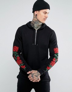 Oversize-худи с короткой молнией и вышитыми розами ASOS-Черный