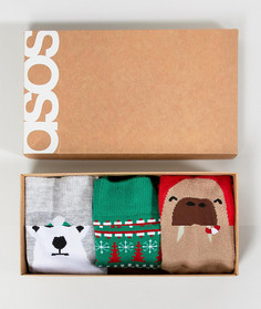 3 пары новогодних носков с медведем и моржом в подарочной упаковке ASOS DESIGN - Набор со скидкой-Мульти