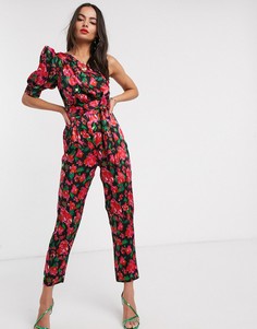 Комбинезон на одно плечо с пышным рукавом и цветочным принтом ASOS DESIGN-Мульти