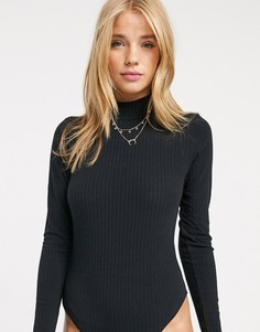 Черное боди в рубчик с длинными рукавами и высоким воротом New Look-Черный
