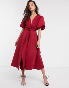 Платье миди для выпускного с объемными рукавами ASOS DESIGN-Красный
