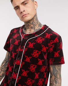 Бордовая бархатная трикотажная рубашка с принтом SikSilk-Красный