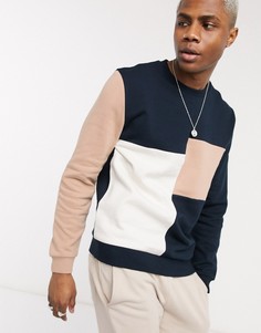 Свитшот колор блок темно-синего и бежевого цвета ASOS DESIGN-Темно-синий