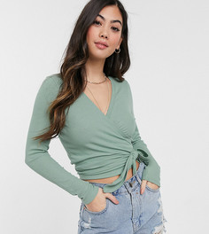 Топ в рубчик с запахом и длинными рукавами ASOS DESIGN Petite-Зеленый