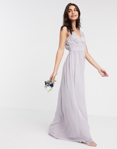 Серое платье макси с кружевным верхом и глубоким вырезом TFNC Bridesmaid-Серый