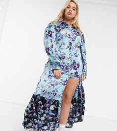 Платье макси с длинными рукавами и цветочным принтом Liquorish Plus-Синий