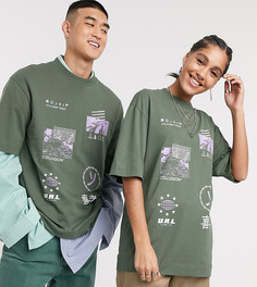 Футболка цвета хаки с принтом COLLUSION Unisex-Зеленый