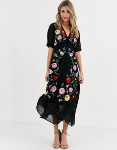 Черное чайное платье макси на пуговицах с вышивкой ASOS DESIGN-Черный