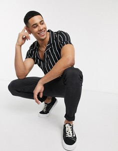 Черная рубашка в белую тонкую полоску с короткими рукавами Topman-Черный