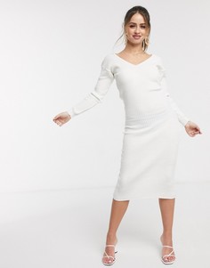 Кремовое трикотажное платье миди с длинными рукавами In The Style x Billie Faiers-Кремовый