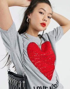 Футболка с логотипом-сердечком и отделкой камнями Love Moschino-Серый