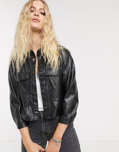 Черная короткая рубашка из искусственной кожи Bershka-Черный