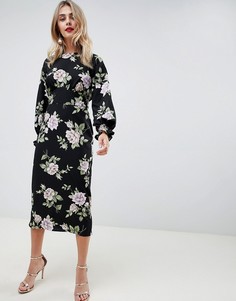 Платье миди с винтажным цветочным принтом и длинными рукавами ASOS DESIGN-Мульти