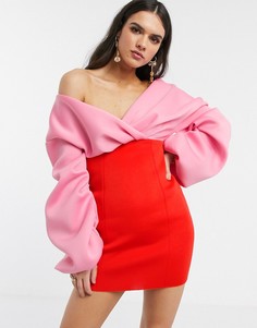 Контрастное платье мини со спущенными плечами и пышными рукавами ASOS DESIGN-Мульти