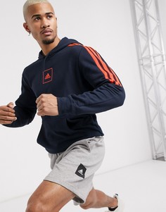 Худи темно-синего цвета с 3 оранжевыми полосами и логотипом adidas-Темно-синий