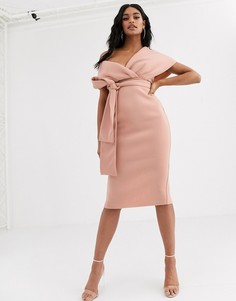 Платье-футляр миди с завязкой и спущенными плечами ASOS DESIGN-Бежевый