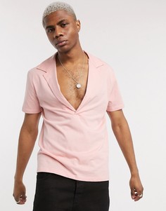 Розовое трикотажное поло с глубоким отложным воротником ASOS DESIGN-Розовый