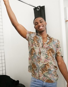 Светло-бежевая рубашка с короткими рукавами и принтом тигра Topman-Светло-бежевый