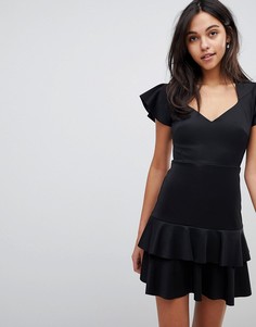 Платье мини с V-образным вырезом и оборками ASOS-Черный