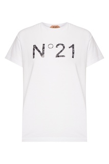 Белая футболка с принтованным логотипом No.21