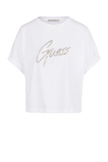 Укороченная белая футболка из хлопка Guess