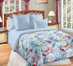 Постельное белье "Речной сад 1" с золотыми рыбками семейное из перкали (100% Хлопок) Текс Дизайн