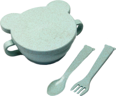 Набор детской посуды Bear миска с крышкой, ложка и вилка, цвет зеленый Little Angel