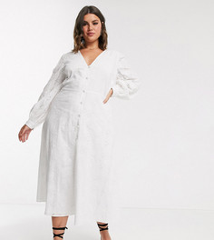 Белое чайное платье миди на пуговицах с вышивкой ришелье ASOS DESIGN Curve-Белый