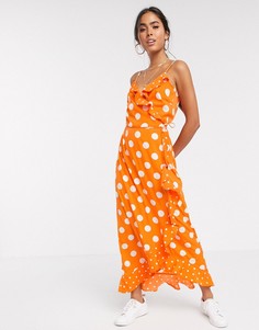 Оранжевое платье макси в горошек с оборками Vero Moda-Мульти