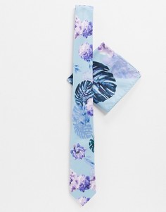 Синий галстук и платок для пиджака с тропическим пальмовым принтом Twisted Tailor