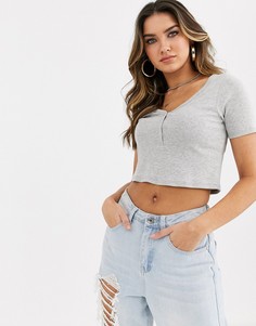 Серая меланжевая футболка с V-образном вырезе на пуговицах ASOS DESIGN-Серый