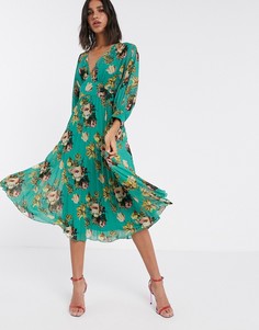 Платье миди с плиссировкой и цветочным принтом ASOS DESIGN-Мульти