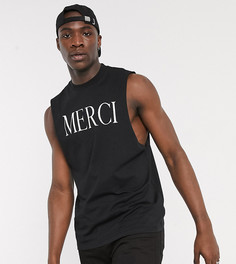Свободная футболка без рукавов с принтом "merci" ASOS DESIGN Tall-Черный