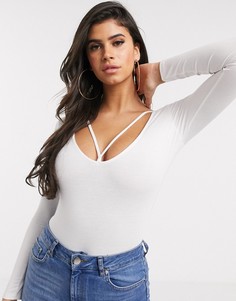 Боди белого цвета с длинными рукавами и глубоким вырезом с ремешком ASOS DESIGN-Белый