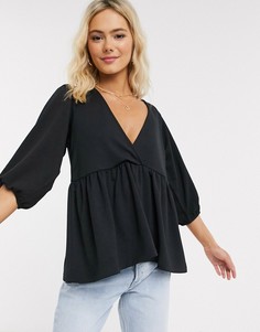 Свободная фактурная блузка с пышным рукавом на манжете ASOS DESIGN-Черный