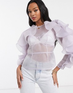 Топ из органзы с оборками на длинных рукавах и корсетной отделкой ASOS DESIGN-Бесцветный