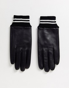 Черные кожаные перчатки с манжетами в полоску ASOS DESIGN-Черный