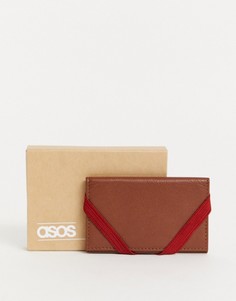 Коричневый кожаный кошелек для карт с красной резинкой ASOS DESIGN