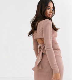 Топ в рубчик с высоким воротом и вырезом на спине ASOS DESIGN Petite-Коричневый