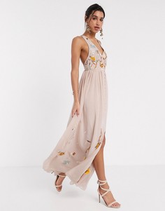 Розовое платье макси на пуговицах с вышивкой Frock & Frill-Розовый