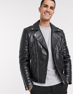 Кожаная байкерская куртка на молнии со стеганой отделкой Barneys Originals-Черный