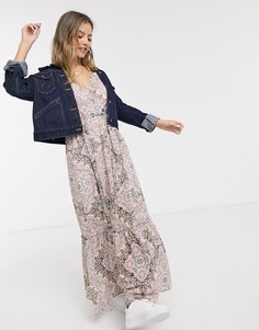 Розовое платье миди с цветочным принтом и V-образным вырезом Miss Selfridge-Мульти
