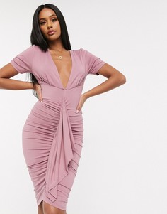 Платье мини с пышными рукавами и глубоким вырезом ASOS DESIGN-Розовый