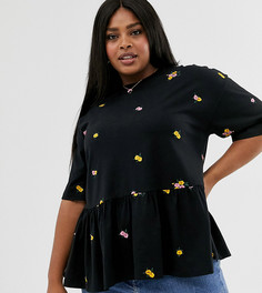 Свободный топ с цветочной вышивкой ASOS DESIGN Curve-Черный