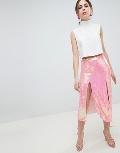Юбка миди с отделкой пайетками и разрезами ASOS DESIGN-Розовый