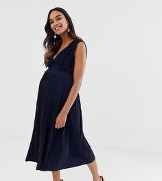 Платье миди с плиссировкой и кружевной вставкой ASOS DESIGN Maternity Premium-Темно-синий